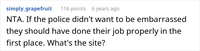 Screenshot of an online comment discussing a man wrongfully jailed who refuses to take down website criticizing detective.