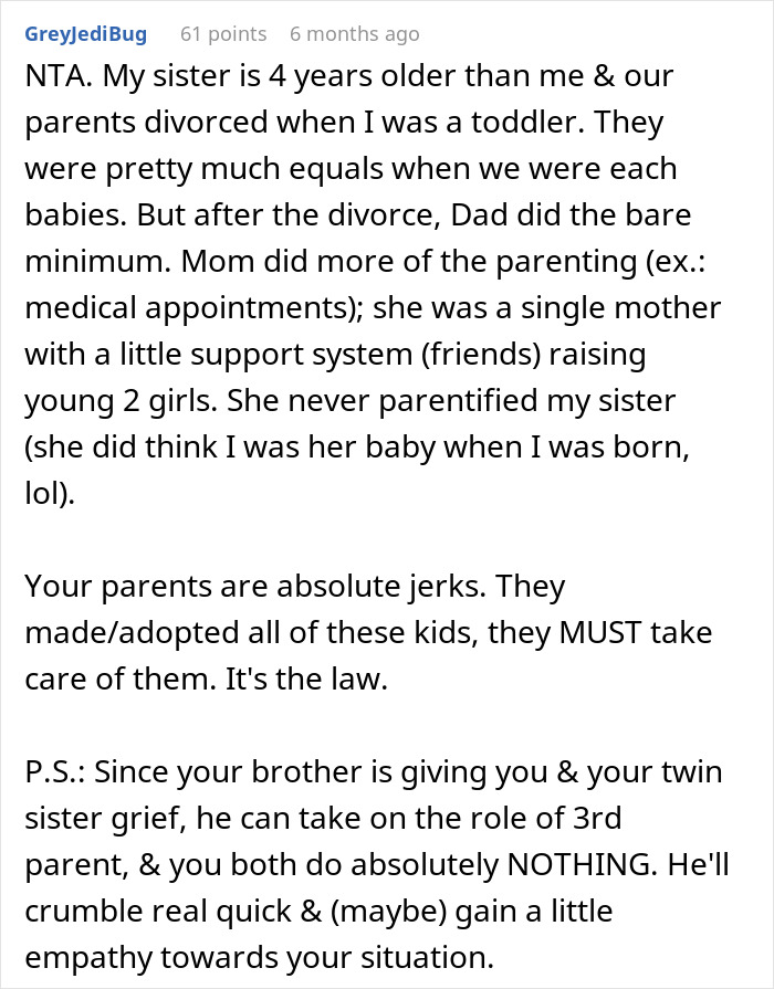 Alt text: Text comment discussing parenting issues and unfair babysitting expectations on 16YO twins missing out on teen life.