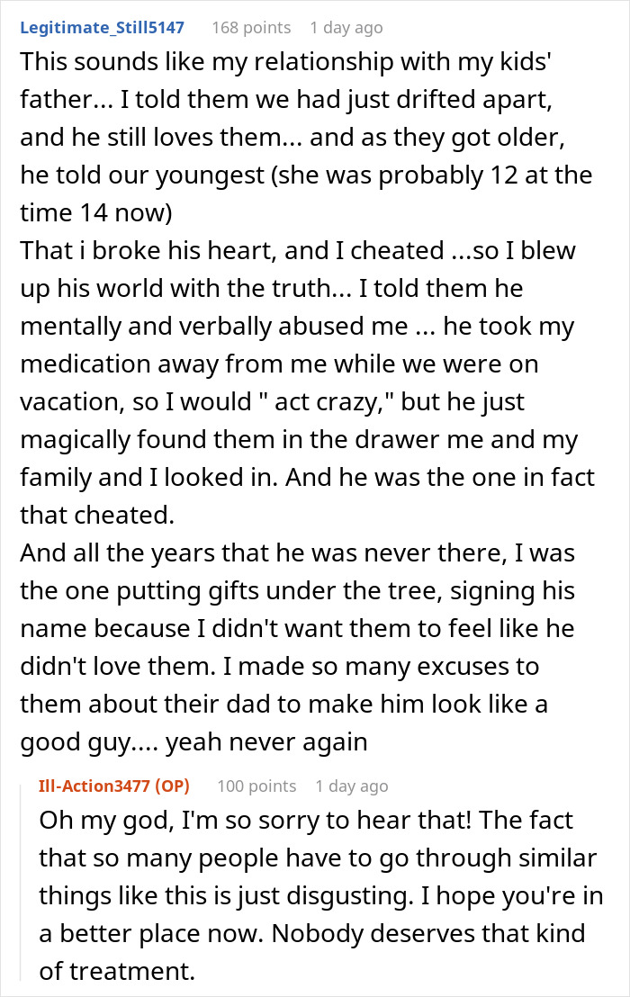 Screenshot of a Reddit discussion revealing a dad lies about the reason for divorce to win over his son.