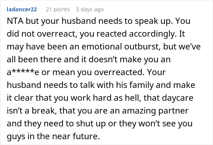 Comment defending working mom discussing challenges of daycare and family opinions in an online forum thread. - 42