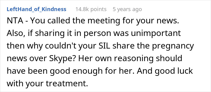 Woman seeks family support after devastating news but faces drama from sister-in-law feeling outshined.