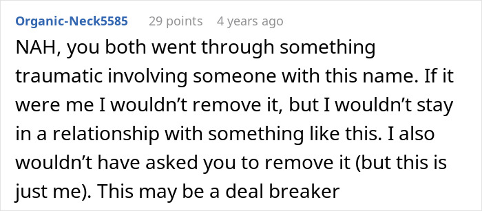 Screenshot of online comment discussing a guy refusing to remove tattoo of late son&rsquo;s name and relationship struggles.