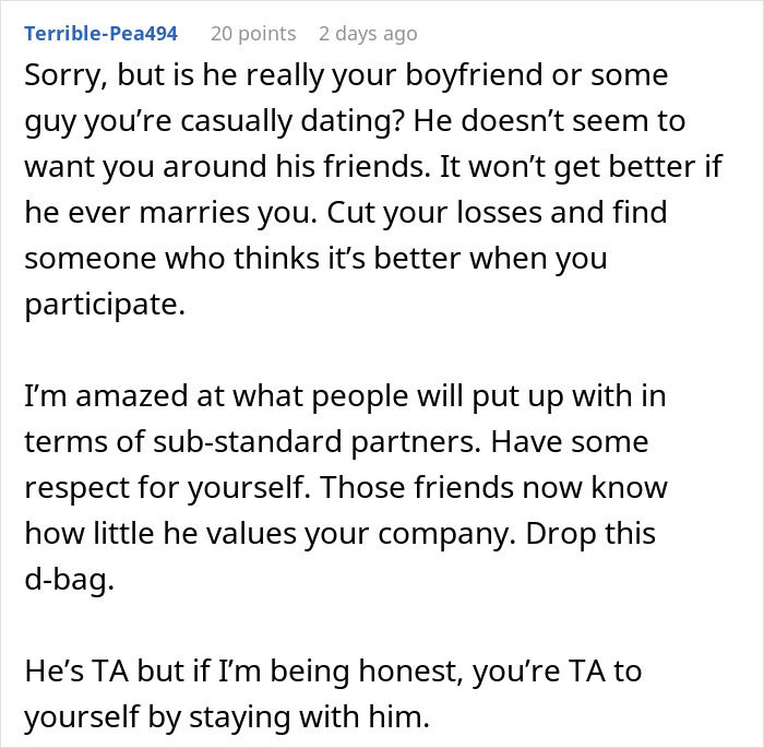 User comment discussing boyfriend excluding woman from couples trip, reflecting on relationship respect and participation issues.