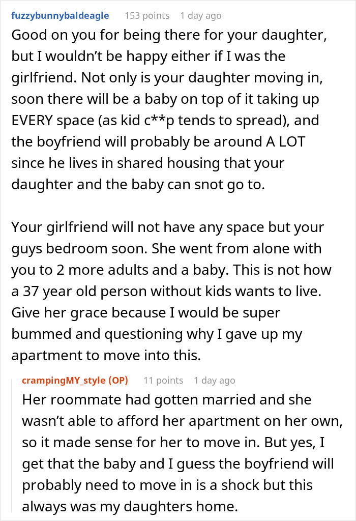 Commenters discuss girlfriend&rsquo;s ultimatum after caring dad lets pregnant daughter and her boyfriend move back home.