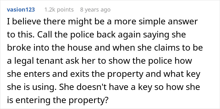 Screenshot of an online comment discussing a friend breaking into a house and planting belongings to prove residency.