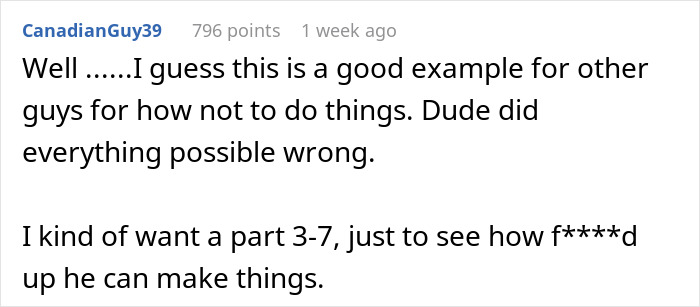 Screenshot of a Reddit comment discussing a guy&rsquo;s mistakes and viewers wanting more parts about the situation.