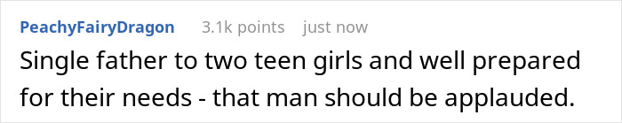 Screenshot of a social media comment praising a single father well prepared for his teen daughters&rsquo; needs.