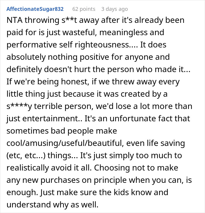 Comment discussing bigoted and hateful person banning Harry Potter books and family conflict over the issue.