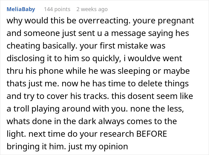 Comment discussing suspicion and trust issues involving fianc&eacute; during pregnancy, hinting gut feelings might be right.