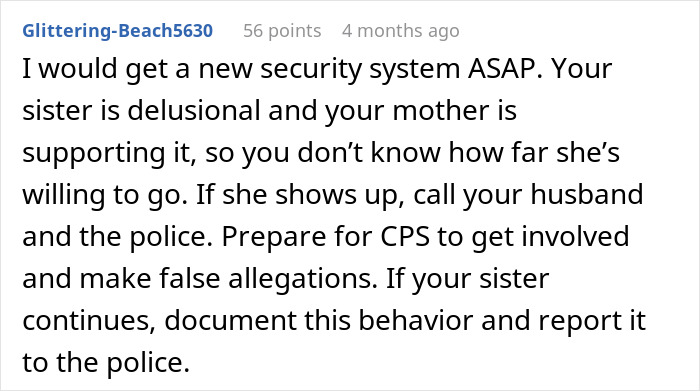 Comment warning about sister’s behavior, suggesting security system and police involvement for protection and safety concerns. - 25