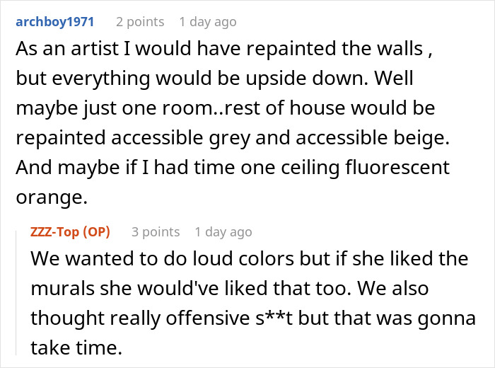 Comments discussing repainting walls and bold colors in a cool house, related to landlord&rsquo;s daughter and art surprise.
