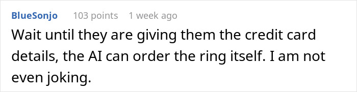 Comment discussing AI boyfriend ordering a ring, related to netizens reacting to an AI relationship proposal.