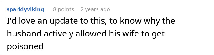 Comment text on a screen about a husband not believing his mom is poisoning his wife and seeking an update.