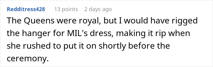 Comment text discussing a MIL trying to ruin a wedding, with drag queens stepping in to put her in her place.