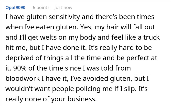 User comment about gluten sensitivity, discussing challenges of avoiding gluten and dealing with social policing at a pizza party. User comment about gluten sensitivity, discussing challenges of avoiding gluten and dealing with social policing at a pizza party.