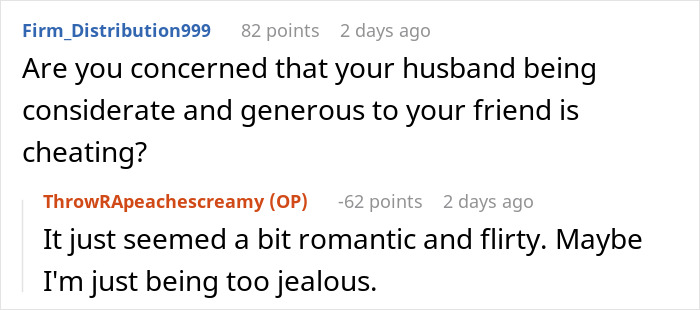 Screenshot of an online discussion where a woman expresses jealousy after her husband remembers a friend’s favorite drink. Screenshot of an online discussion where a woman expresses jealousy after her husband remembers a friend’s favorite drink.