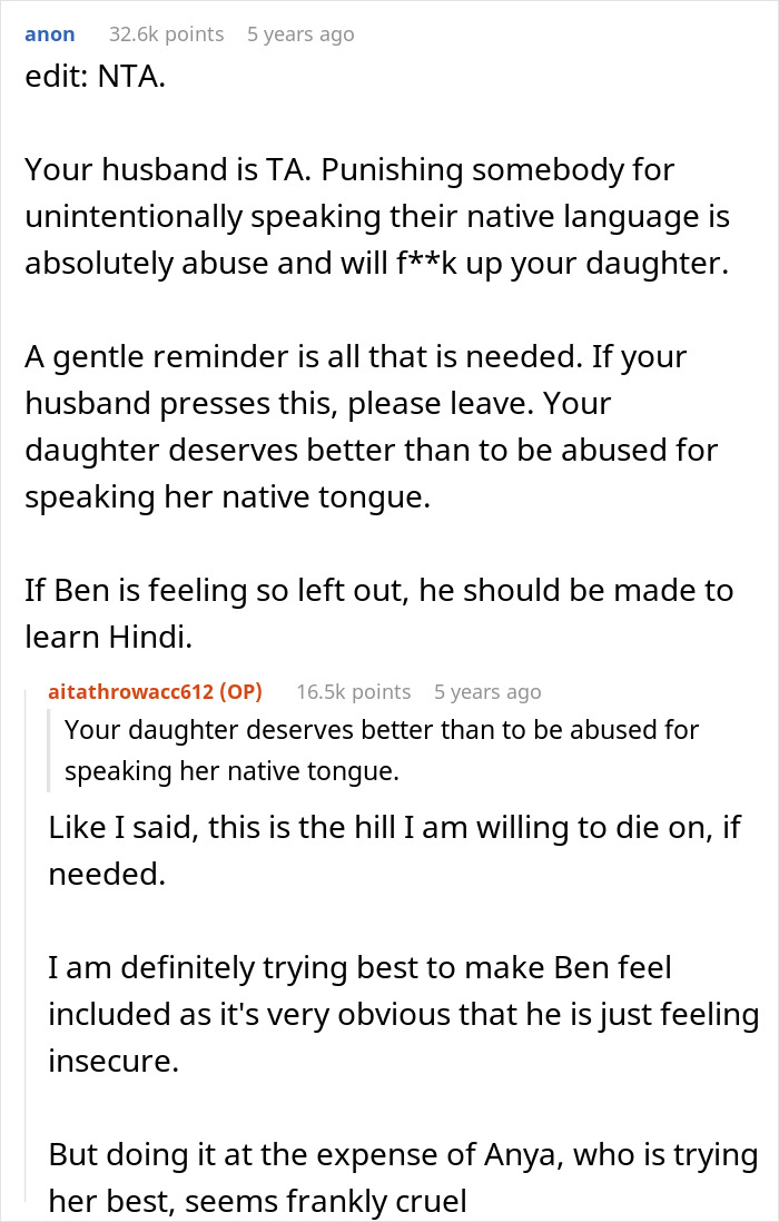 Reddit comment discussing stepdad suggesting punishment for kid using native language her son cannot understand.