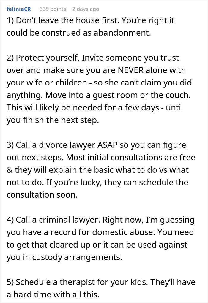 Text advice on protecting yourself from domestic violence accusations and handling legal steps during marital conflict.