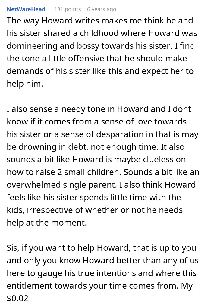 Commenter analyzing a guy accusing his sister of being a stranger to his kids after she refuses childcare duties.