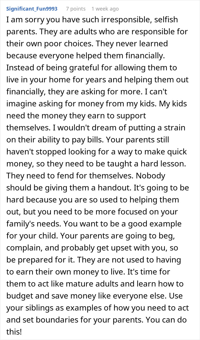 Reddit comment discussing elderly parents expecting daughter to support them after squandering savings on business schemes. Reddit comment discussing elderly parents expecting daughter to support them after squandering savings on business schemes.