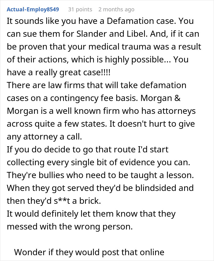 User comment discussing a potential defamation case and medical trauma linked to influencer neighbors causing hospitalization. User comment discussing a potential defamation case and medical trauma linked to influencer neighbors causing hospitalization.