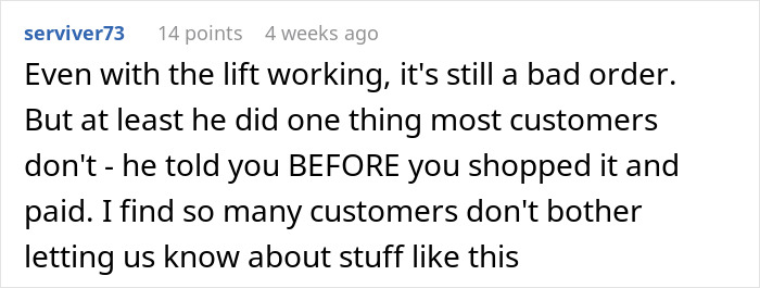 User comment discussing difficulties faced by an Instacart shopper delivering water up 17 floors and customer demands.