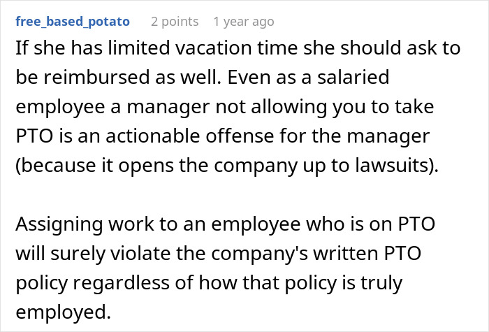 Comment discussing PTO policies and manager responsibilities in relation to employee absence and formal reprimands at work.
