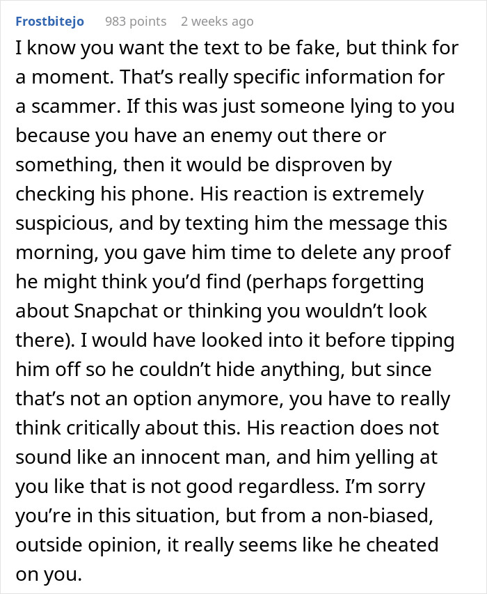 Comment discussing suspicious fianc&eacute; text, raising concerns from mom-to-be and friends about possible cheating and gut feelings.