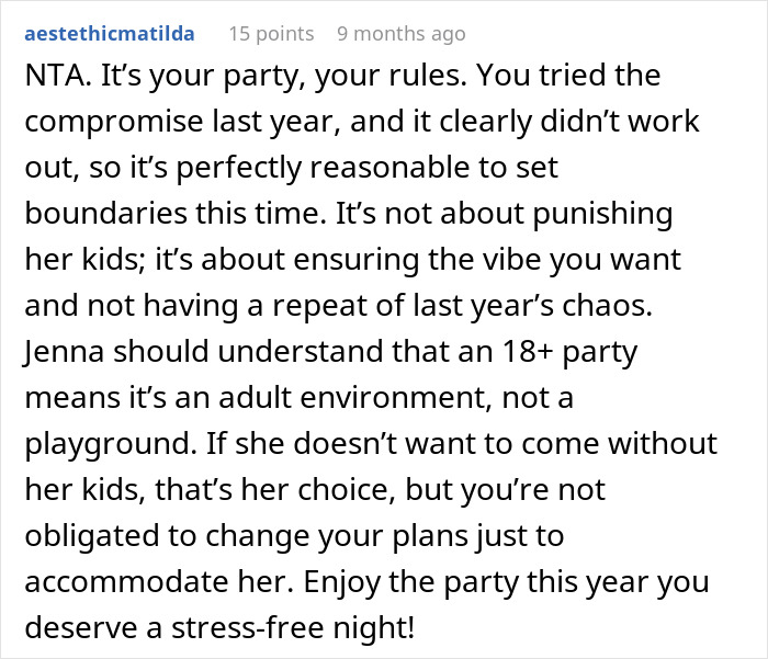 Screenshot of a forum comment discussing setting boundaries for an adults-only Halloween party and babysitter concerns. - 28