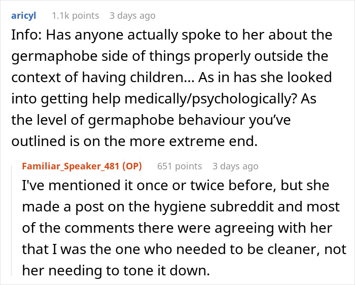 Online discussion about germaphobe behavior and hygiene concerns sparking relationship fight over clean toddler opinions.