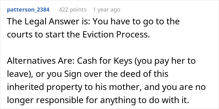 Screenshot of a Reddit comment explaining legal eviction process and alternatives for a hoarder MIL squatting in inherited home.