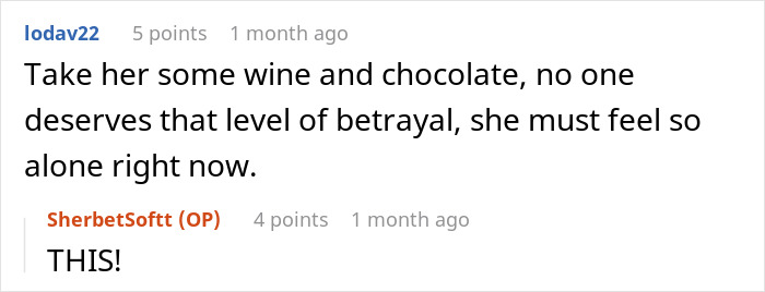 Comment section showing a user suggesting wine and chocolate for a woman betrayed, referencing a cheating husband and sister.