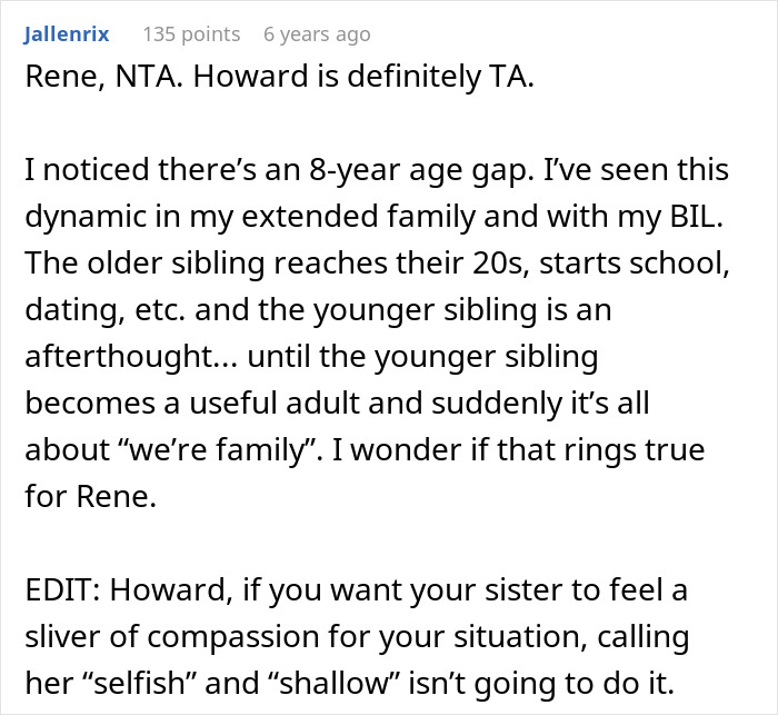 Comment discussing family dynamics and sibling conflicts after refusal of childcare duties by sister accused of being stranger to kids