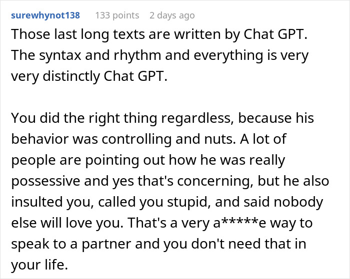 Chat conversation discussing jealous boyfriend berating girlfriend for kindness and her decision to dump him despite apologies.