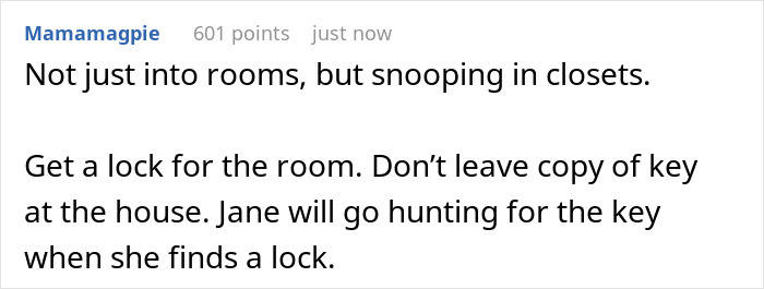 Comment about woman catching guest sneaking into room and advice on securing room with a lock and hiding keys. - 26