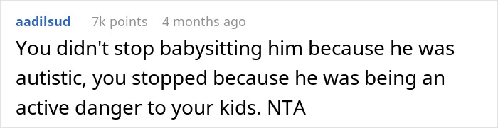 Screenshot of a comment discussing a woman refusing to babysit her autistic nephew due to safety concerns for her children.