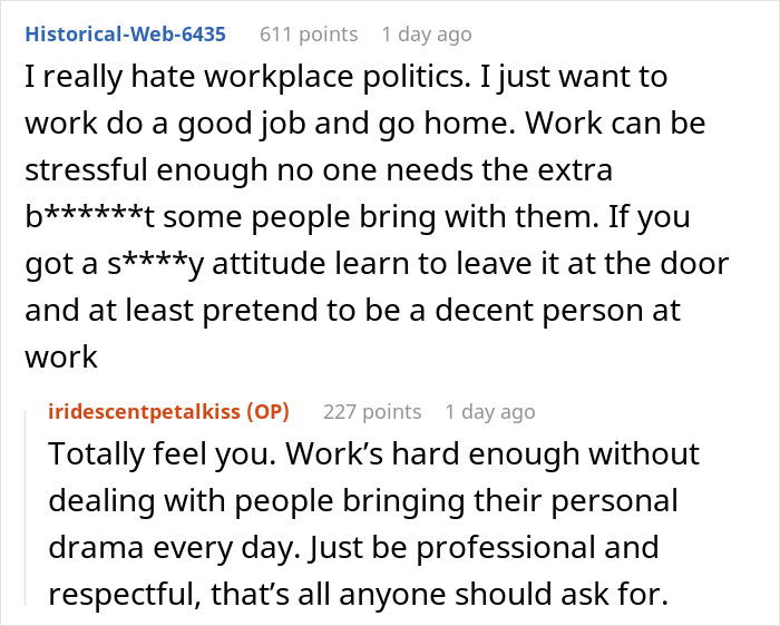 Screenshot of a Reddit thread discussing toxic workplace behavior and drama involving a newbie and HR intervention.