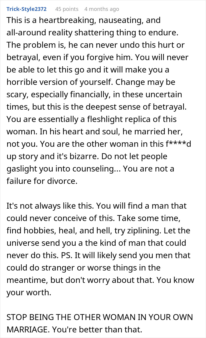 Comment text about betrayal and divorce due to husband’s ex, reflecting on emotional pain and self-worth after 6 years of marriage. Comment text about betrayal and divorce due to husband’s ex, reflecting on emotional pain and self-worth after 6 years of marriage.