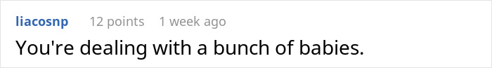Screenshot of a Reddit comment saying You're dealing with a bunch of babies about coworker taking food.