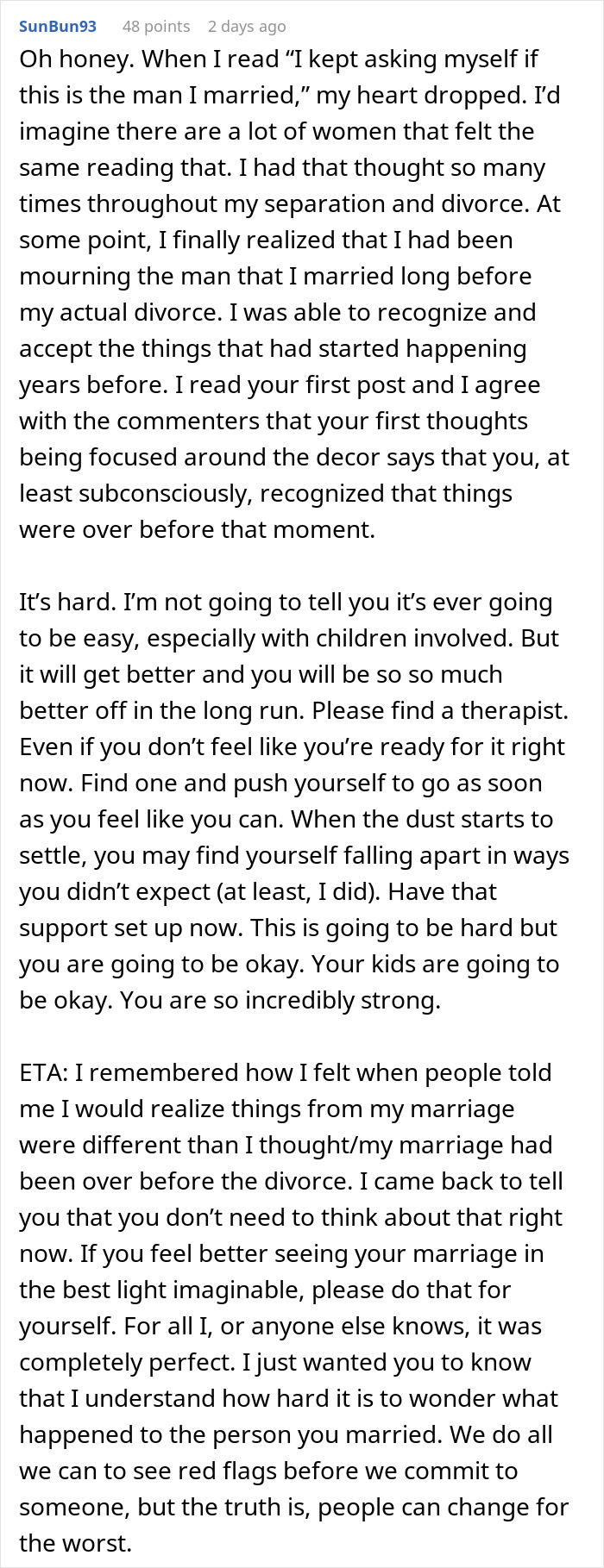 Screenshot of an online comment discussing a woman&rsquo;s life turned upside down by her husband&rsquo;s confession of love for a colleague.