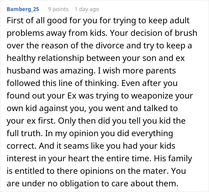 Reddit comment discussing dad lying about divorce reason to protect son and ex-wife revealing the truth years later.