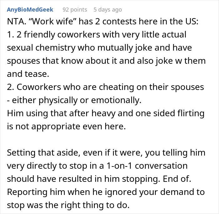 Woman Escalates Situation To Boss After New Guy Flirts And Keeps Calling Her His Work Wife