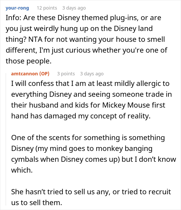 Reddit conversation about family hosting divorcing friend who floods home with nasty scents causing discomfort.