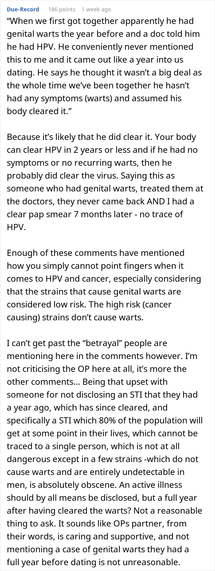 Discussion about resentment toward healthy boyfriend after past HPV infection causing cancer in woman with HPV-related cancer.