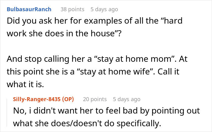 Screenshot of an online discussion about a man saying wife can find a job as a stay-at-home mom while doing no chores.
