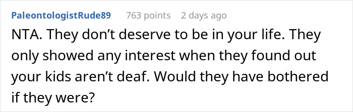 Reddit comment defending a man cutting off his parents to protect his wife, questioning their true intentions toward his children.