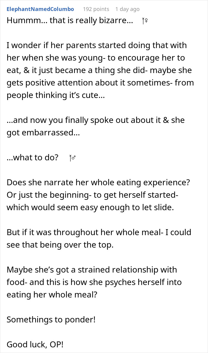 Comment discussing a worker confronting woman about her bizarre lunchtime ritual and office criticism concerns.