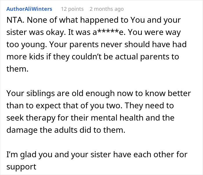 Text excerpt discussing a difficult relationship involving siblings, sister, and mom, emphasizing support and mental health.
