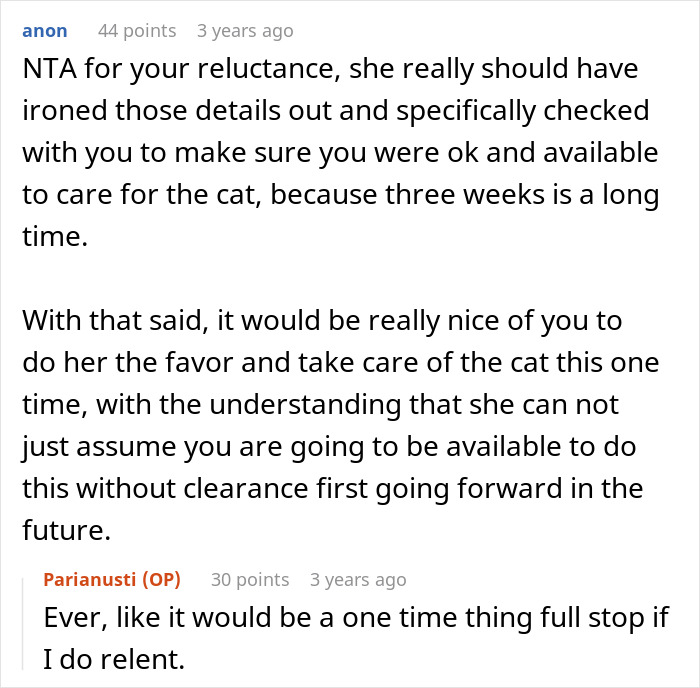 Text conversation discussing reluctance to take on cat duties during a family vacation, roommate refuses litter box care.