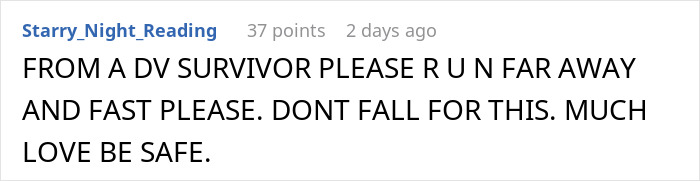Comment warning others to stay far away and be safe, related to jealousy and relationship issues.